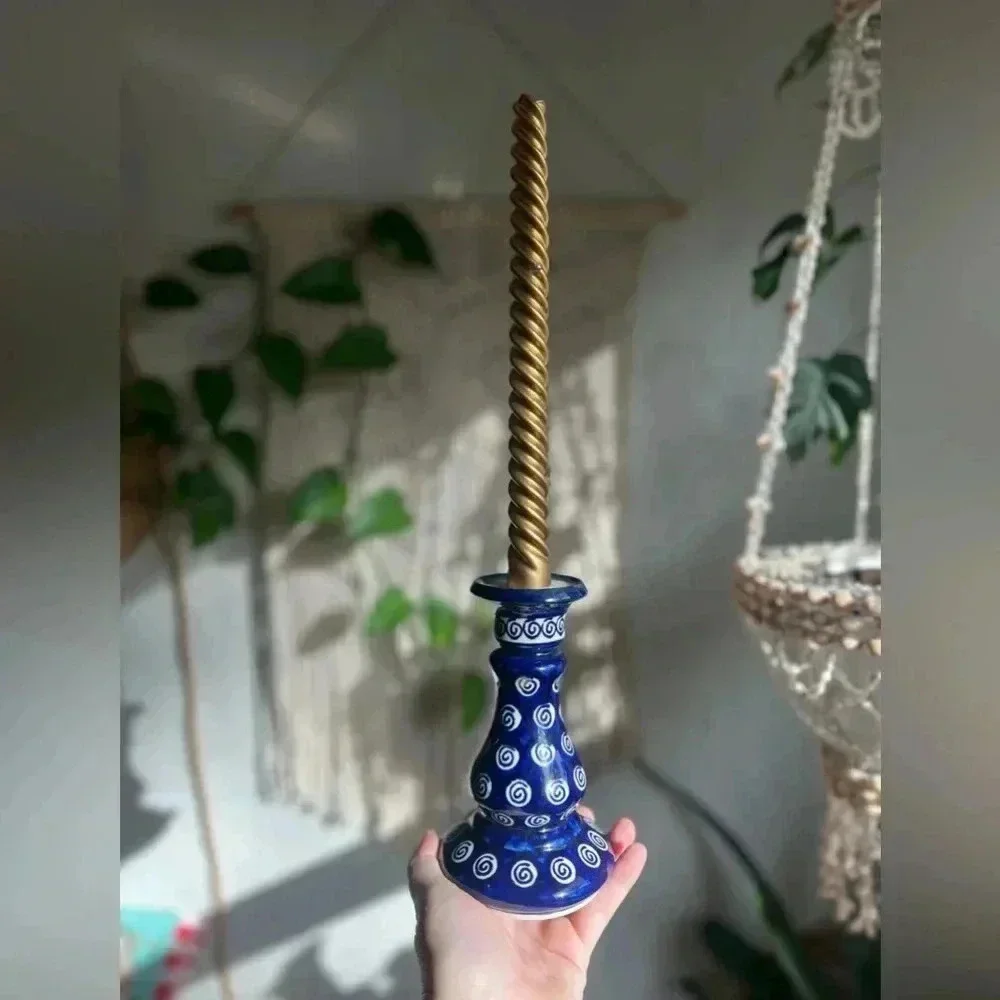 5” Polish Pottery Candlestick Holder - Handcrafted Blue Spiral Design